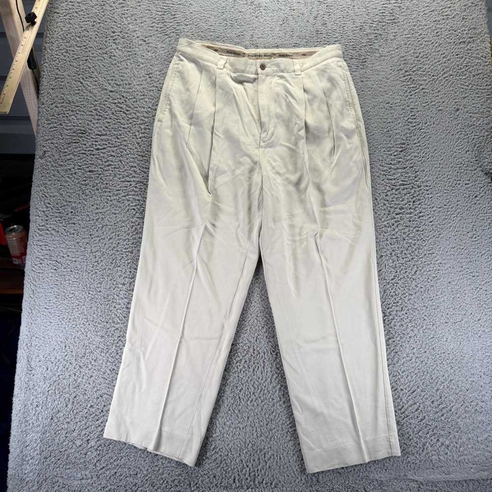 Tommy Bahama Pant Mens 38x30 Beige Silk Khakis Straight Pleated Beach Resortwear